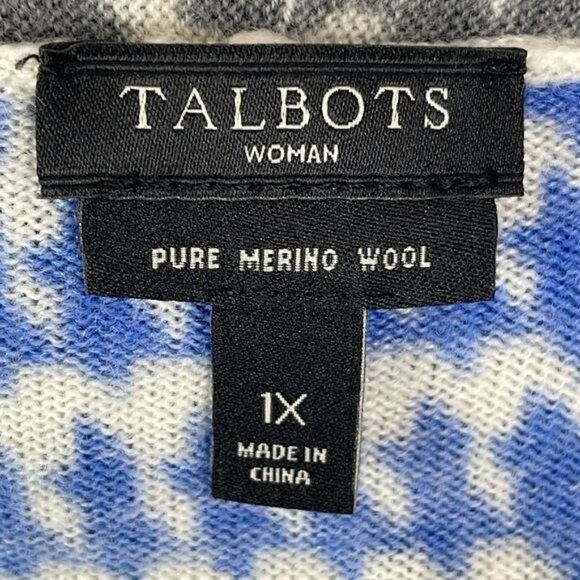 Talbots size 1X Merino Wool Blue White Black Paisley Houndstooth Open Cardigan - Picture 4 of 9